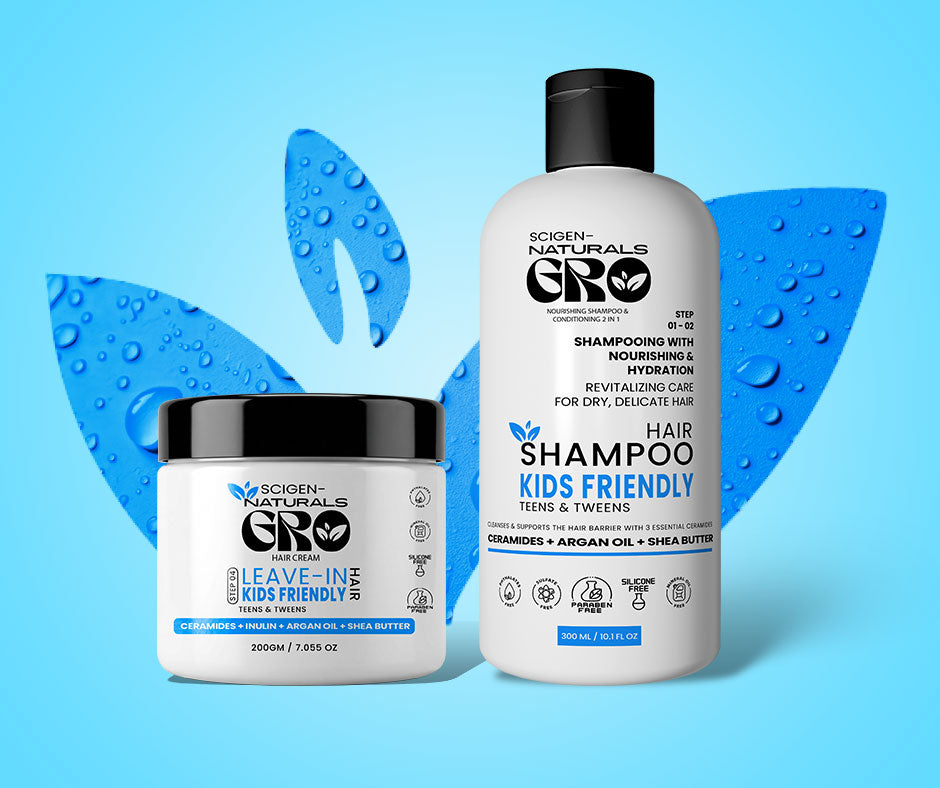 "Scigen Naturals GRO barrier care hair routine with 3 essential ceramides for kids, teens, and tweens. Dermatologists recommended"