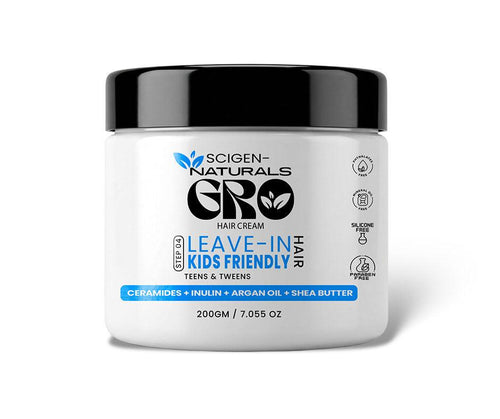 Scigen Naturals Gro barrier care hair leave in cream for kids, teens and tweens dry hair, curly hair and swimmers' hair with 3 essential Ceramides, NMFs, Argan oil, Shea butter and prebiotic.