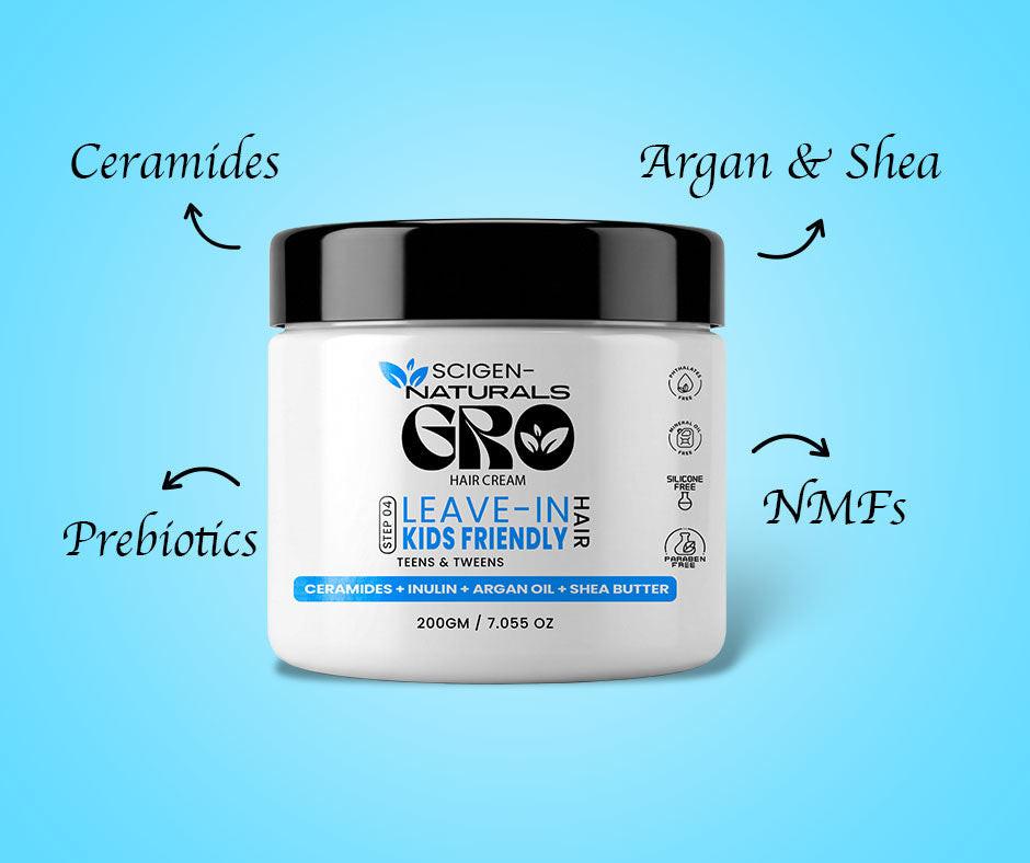 Scigen Naturals Gro barrier care hair leave in cream for kids, teens and tweens dry hair, curly hair and swimmers' hair. With 3 essential ceramides and NMFs.