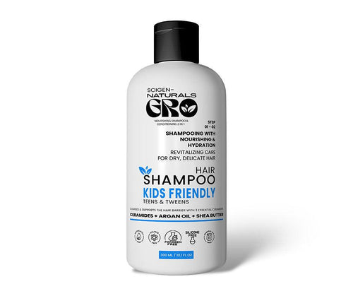 Scigen Naturals Gro barrier care hair shampoo 2 in 1 shampoo and conditioner for kids, teens and tweens dry hair, curly hair and swimmers' hair with 3 essential Ceramides, NMFs, Argan oil, Shea butter, Panthenol, Aloe vera.