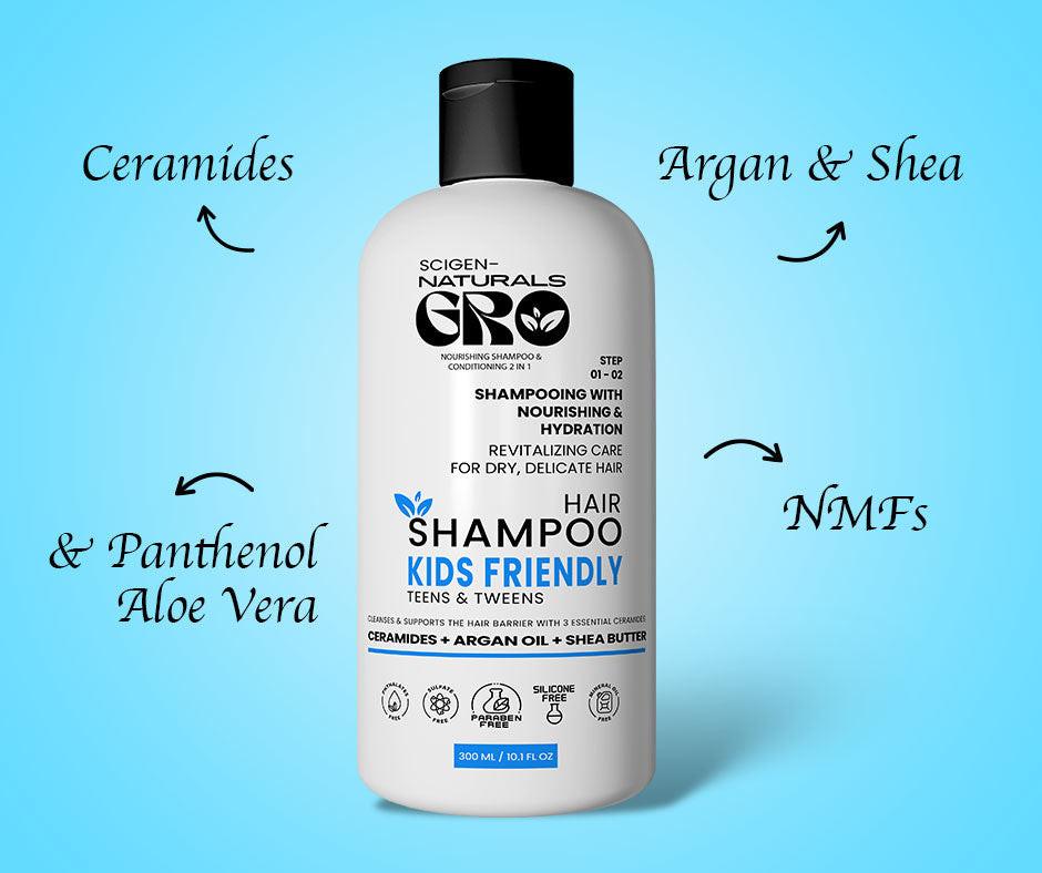 Scigen Naturals Gro barrier care hair shampoo for kids, teens and tweens dry hair, curly hair and swimmers' hair with 3 essential ceramides
